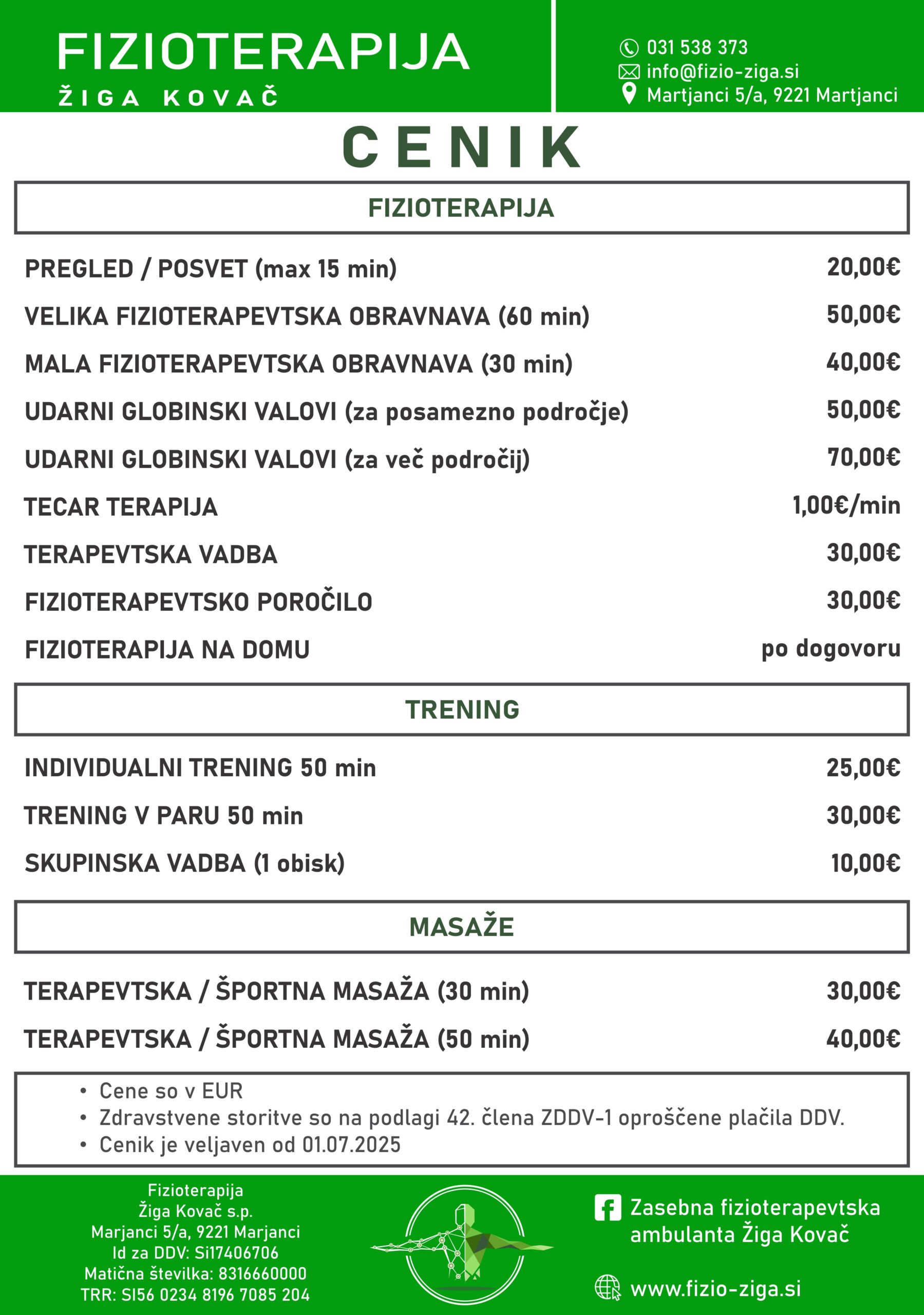 Fizioterapija Žiga Kovač - Cenik - Julij 2025