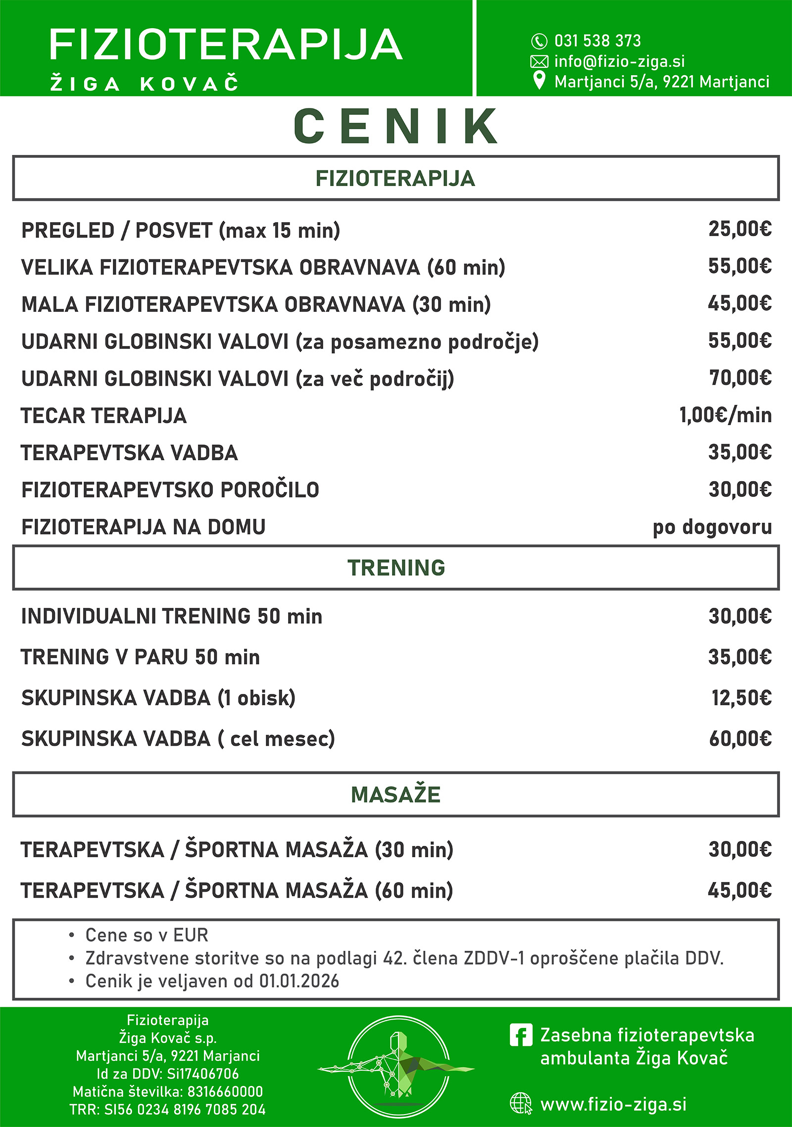 Fizioterapija Žiga Kovač - Cenik 2026